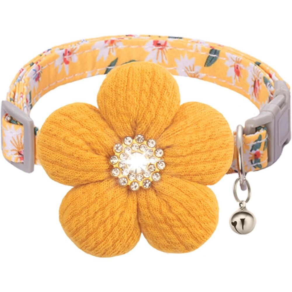 Cozirae Yellow Flower Dog Collar with Bell, Size Medium